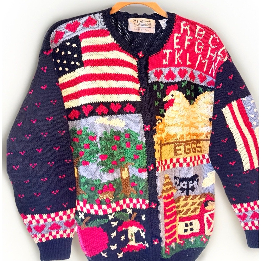 VTG Ugly Sweater Hand Knit Farm Fall Cardigan Medium Hen Northern Isles Granny
